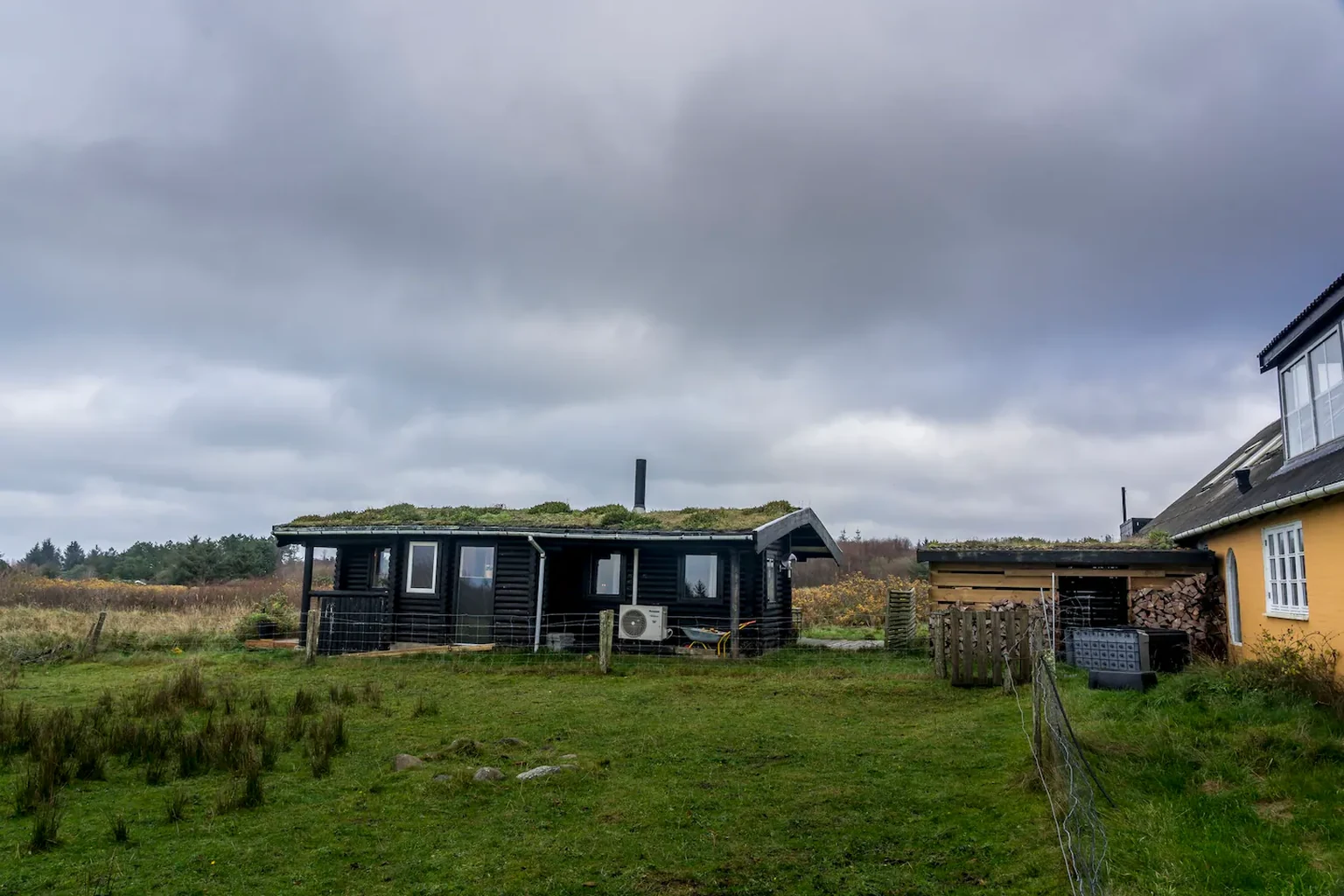 Blick über die Weide auf das Blockhaus mit Gründach