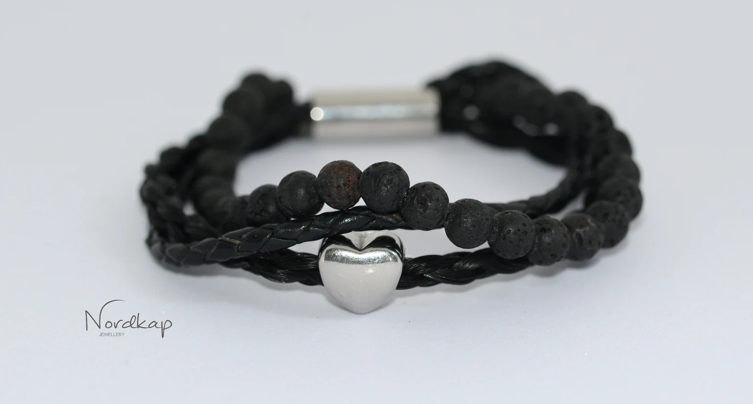 Armband aus Pferdehaar mit Lavaperlen und Leder